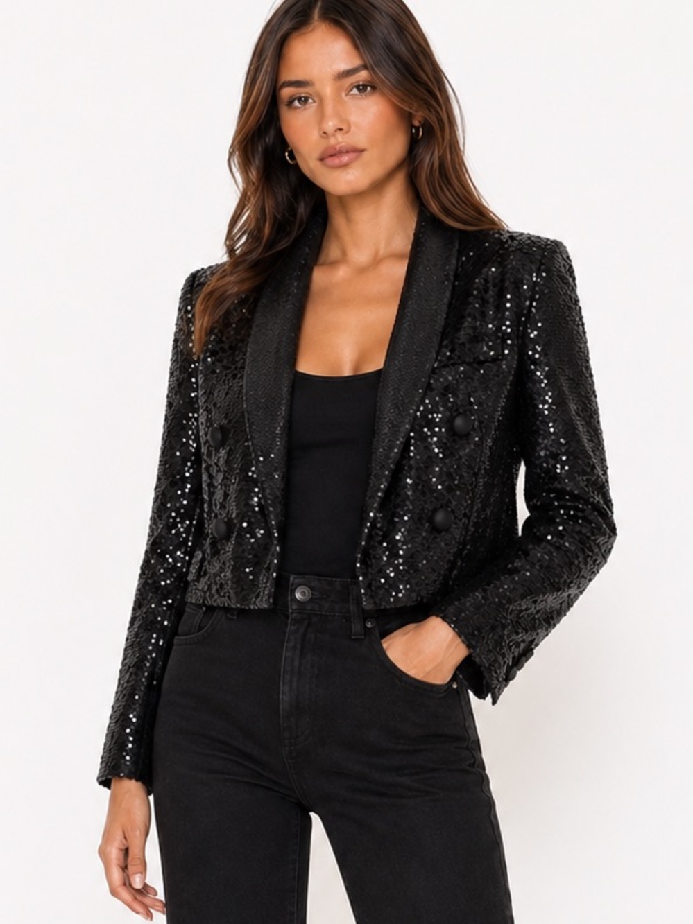 L’AGENCE Black Sequin Double Breasted Blazer Jacket Rare Size  0